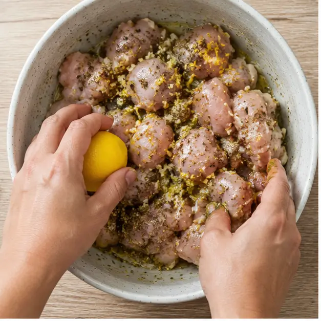 Step 1: Massaging raw chicken with lemon and herb marinade