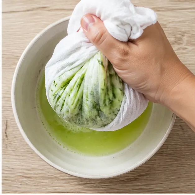 Step 2: Squeezing grated cucumber dry in a kitchen towel