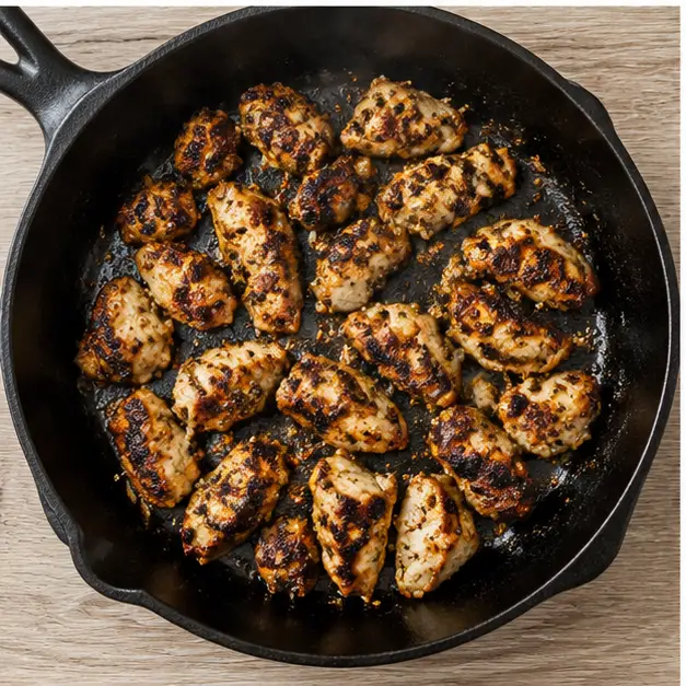 Step 3: Searing golden charred chicken in a cast-iron skillet