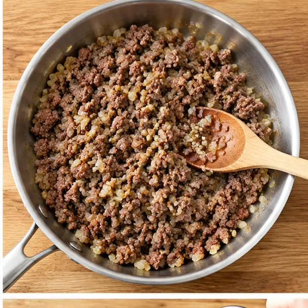Step 2: Browning ground beef with chopped onion and garlic in a wide skillet