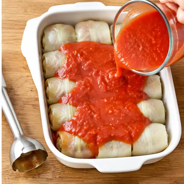 Step 4: Pureeing tomato broth and pouring the smooth red sauce over the rolls
