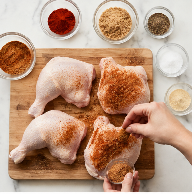 Step 1: Applying dry rub to raw chicken quarters