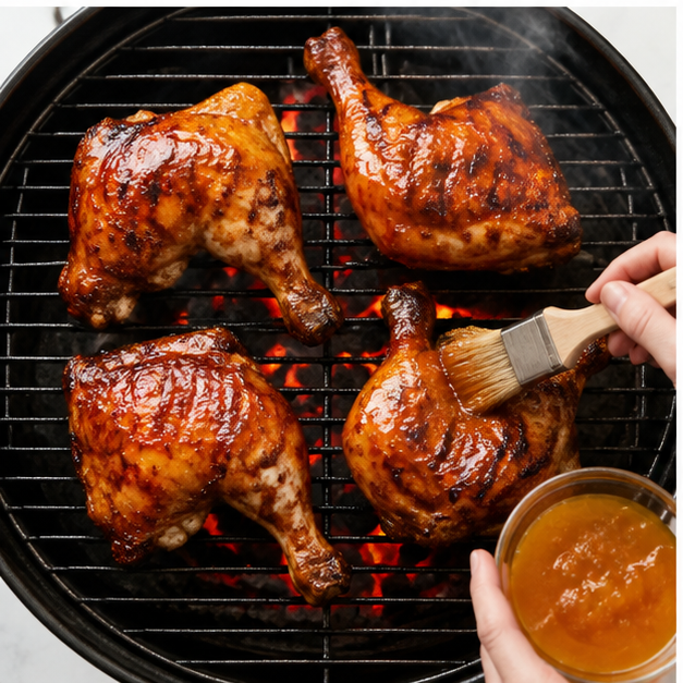 Step 3: Basting grilled chicken quarters with apricot BBQ sauce
