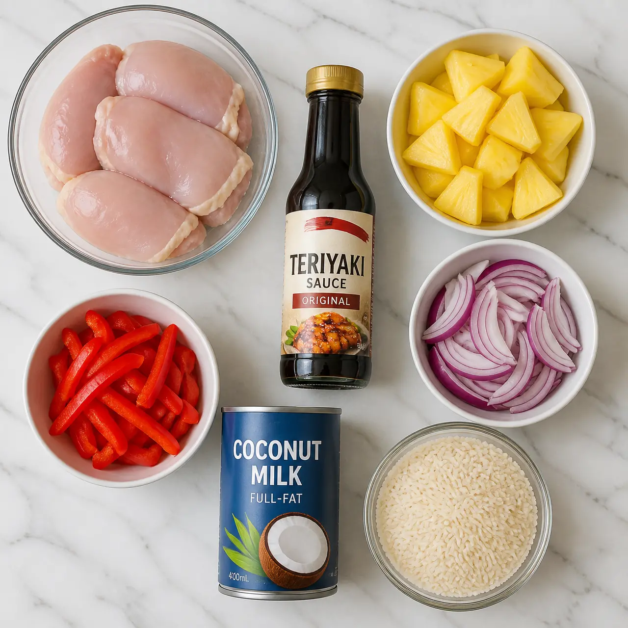 hawaiian chicken with coconut rice - main ingredients