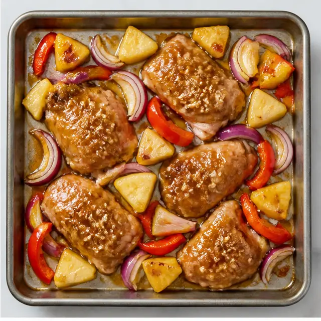 Step 2: Arrange the marinated chicken with pineapple chunks, bell pepper, and red onion on a sheet pan