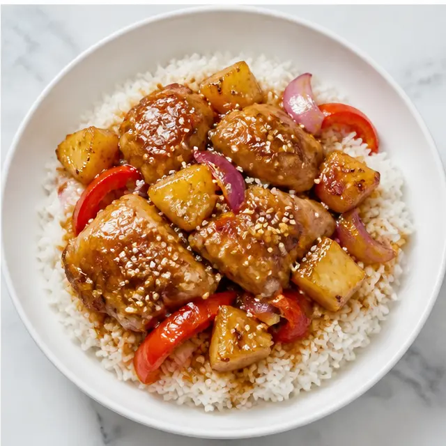 Step 4: Serve the juicy chicken and caramelized pineapple over the coconut rice with sesame seeds