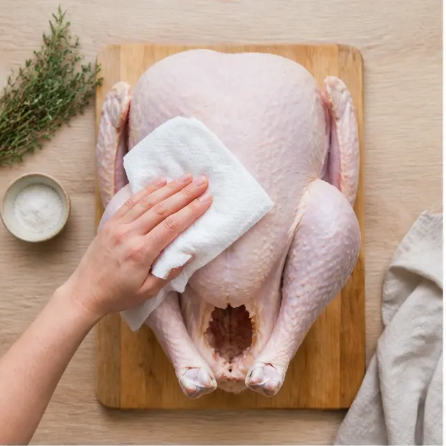 Step 1: Patting the turkey dry with paper towels