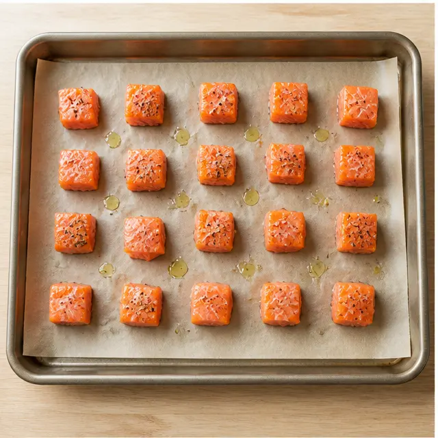 Step 3: Arrange salmon cubes on a parchment-lined sheet