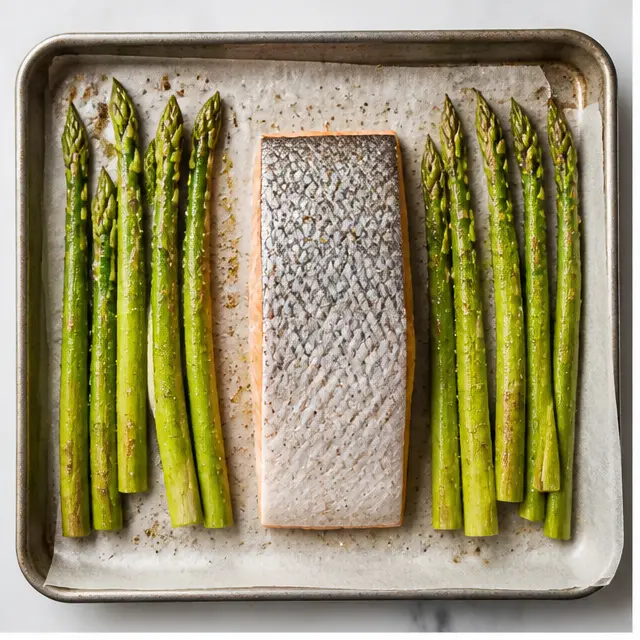 Step 1: Arrange the salmon fillet and asparagus on the parchment-lined sheet pan