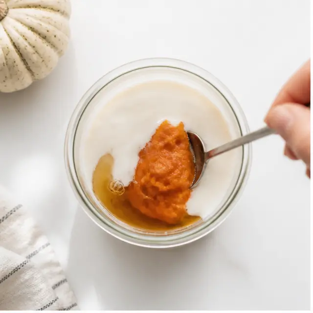 Step 1: Mix pumpkin puree, coconut milk, maple syrup, and spices in a jar