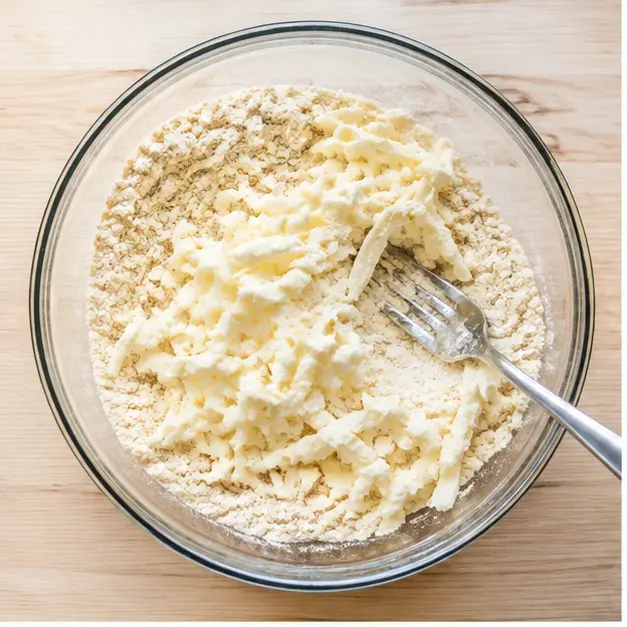 Mix grated frozen butter into almond flour dry mix