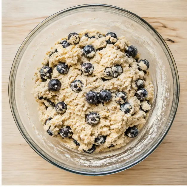 Fold fresh blueberries into the soft dough