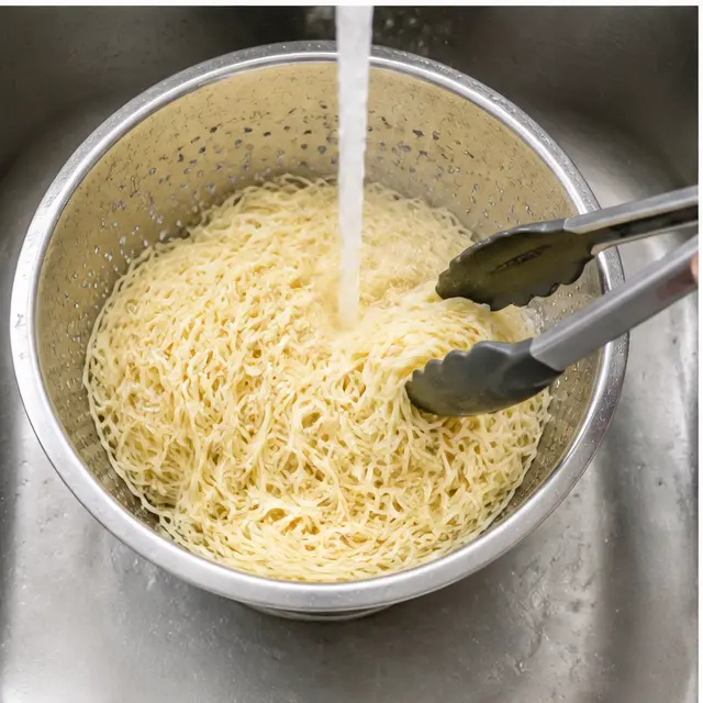 Step 3: Rinsing and cooling the capellini under cold water