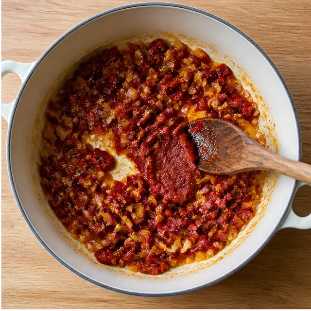 Step 2: Bloom the tomato paste with sun-dried tomatoes