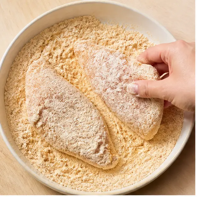 Step 1: Dredging raw chicken fillets in seasoned flour