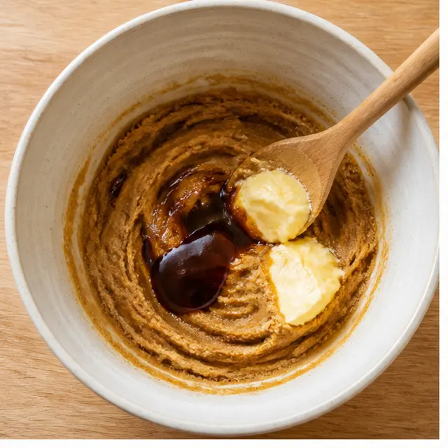 Step 1: Creaming brown sugar, softened butter, and molasses until smooth with a wooden spoon