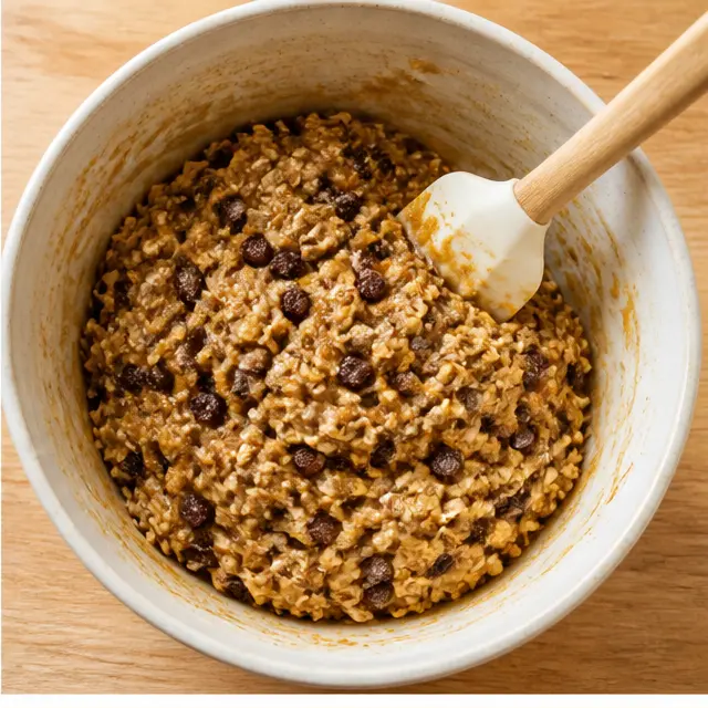Step 2: Folding the flour, oats, cinnamon, and raisins into the wet mixture with a flexible spatula