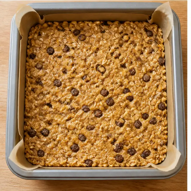 Step 3: Pressing the oat dough into an even layer in a parchment-lined 8x8 baking pan