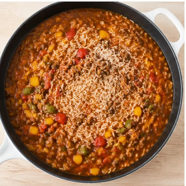 Pouring tomato sauce broth and rice into skillet