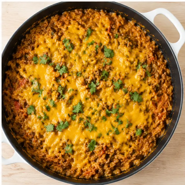 Sprinkling shredded cheddar cheese over cooked skillet
