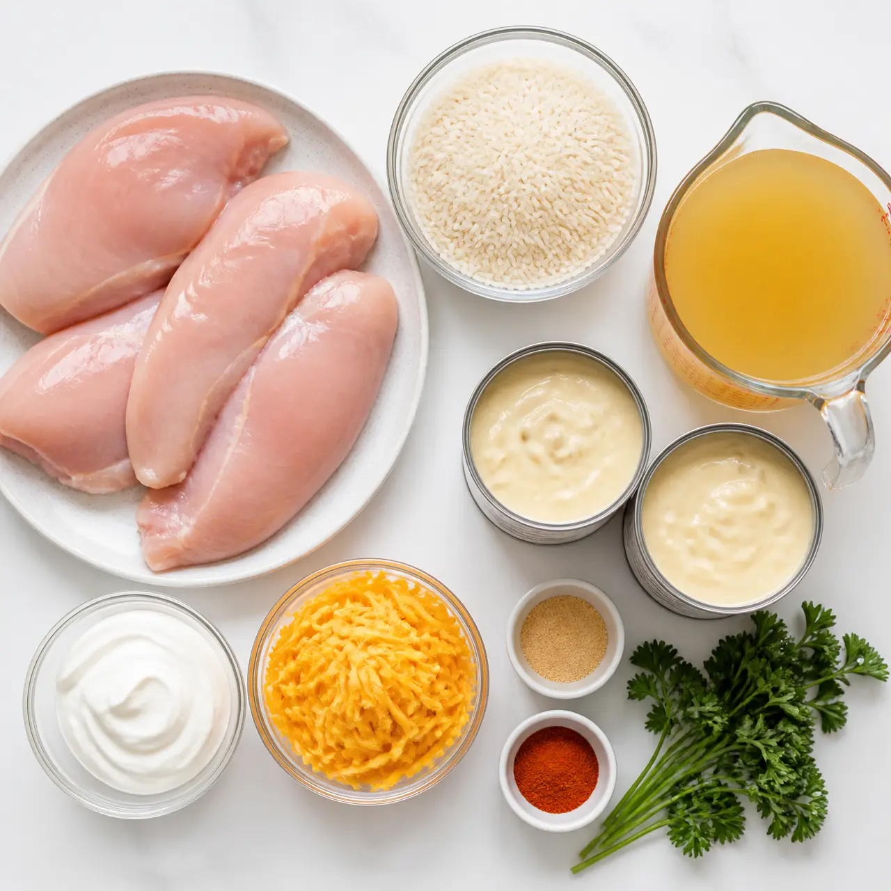 onepan chicken and rice bake - main ingredients