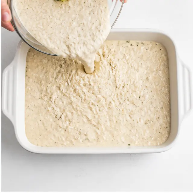 Step 2: Pour the creamy rice mixture into the baking dish