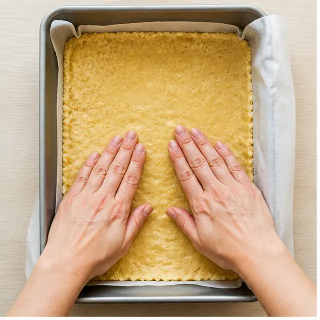 Pressing the buttery dough evenly into a parchment-lined 9x13 baking pan