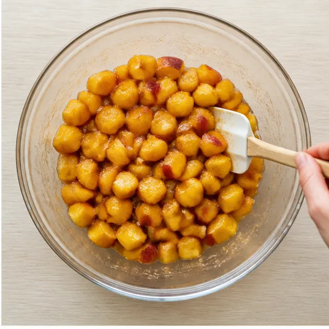 Tossing diced peaches with sugar, cornstarch, lemon juice, and cinnamon
