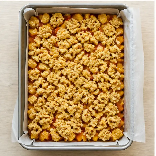Crumble the reserved dough over the peach filling before baking