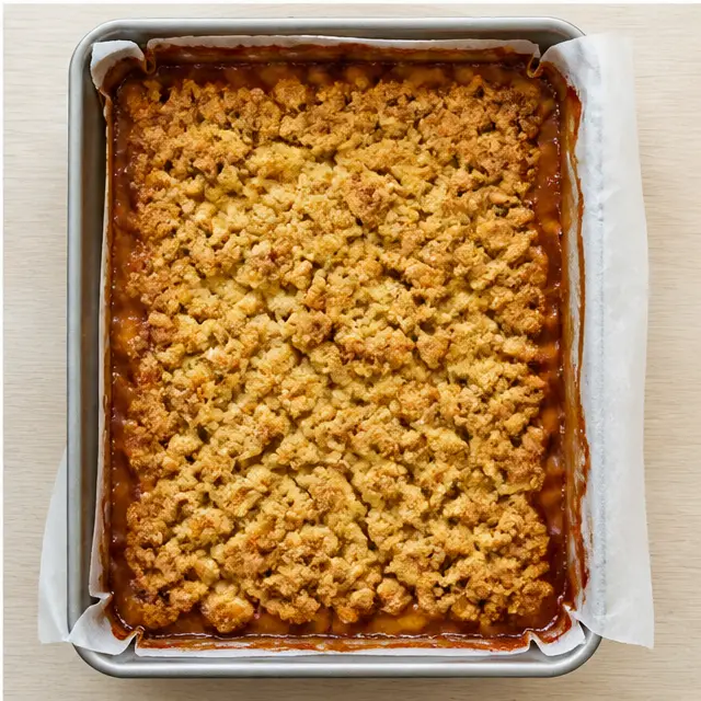 Baking until the topping is deep golden and the peach filling bubbles