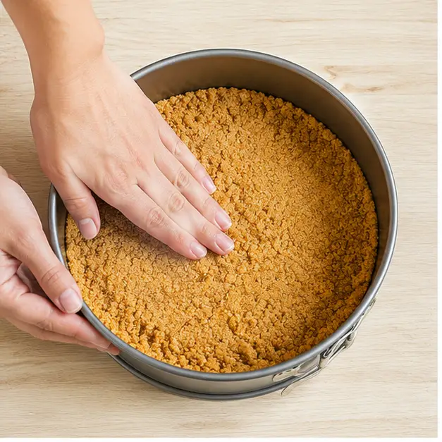 Step 1: Pressing the buttered graham cracker crumb crust into the springform pan