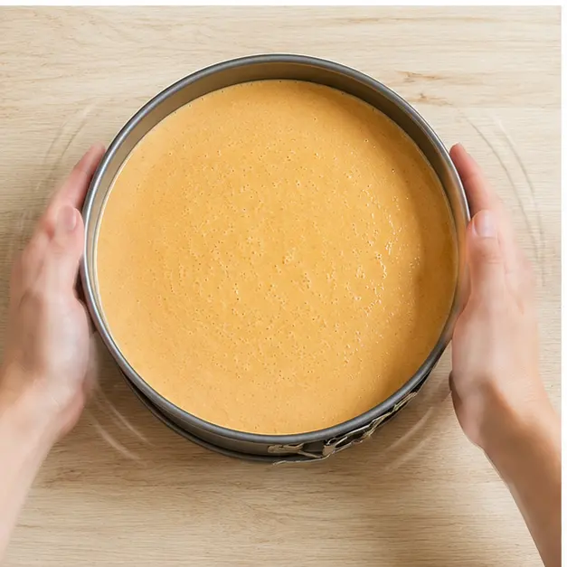 Step 3: Tapping the filled pan on the counter to release air bubbles