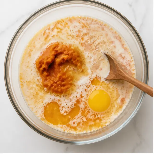 Step 1: Mixing wet ingredients with foamy yeast