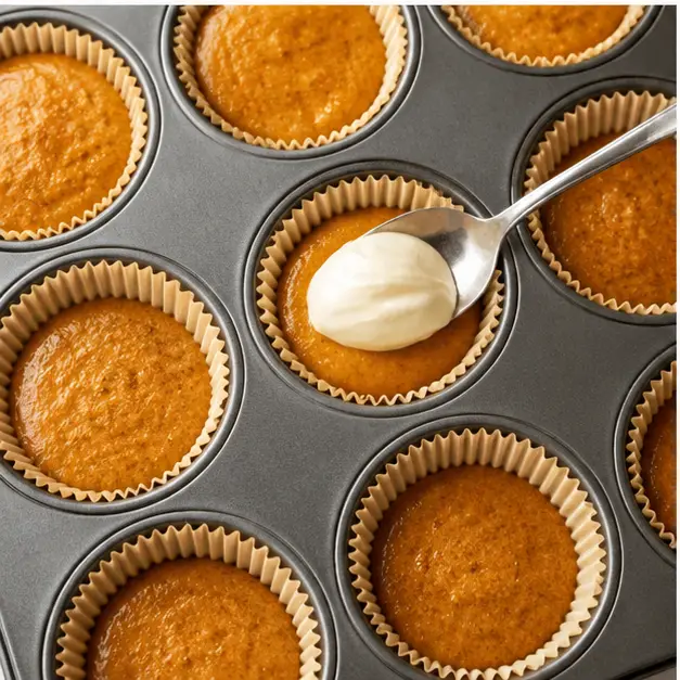 Step 3: Layering batter and cream cheese filling in a muffin tin