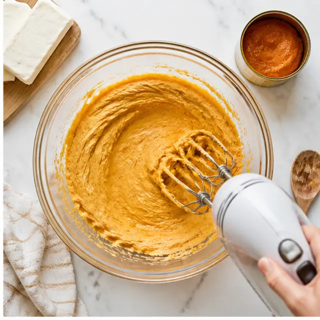 Step 2: Beat softened cream cheese and pumpkin puree into a smooth filling