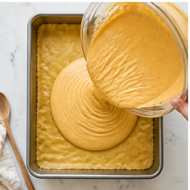 Step 3: Pour the thick pale orange pumpkin filling over the pressed crust