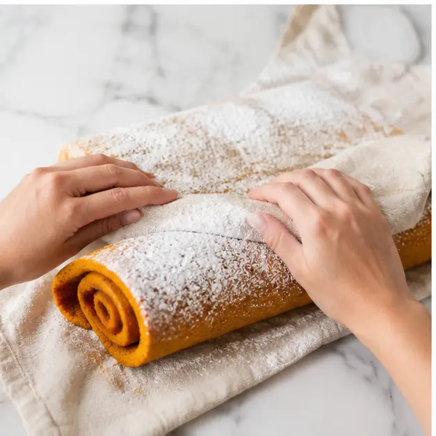 Roll the warm cake in a powdered sugar dusted kitchen towel