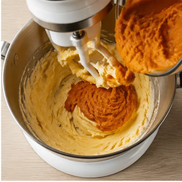 Creaming butter with sugars and pumpkin puree