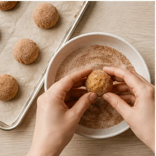 Rolling chilled dough balls in cinnamon sugar
