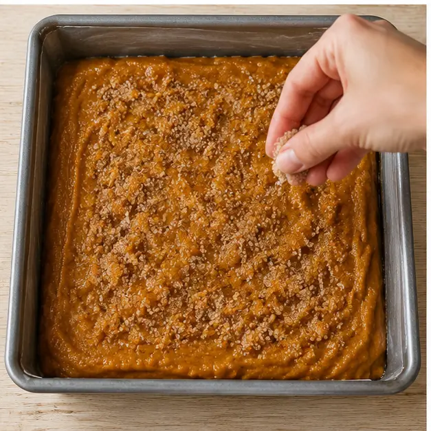 Step 3: Spread batter and sprinkle cinnamon sugar topping