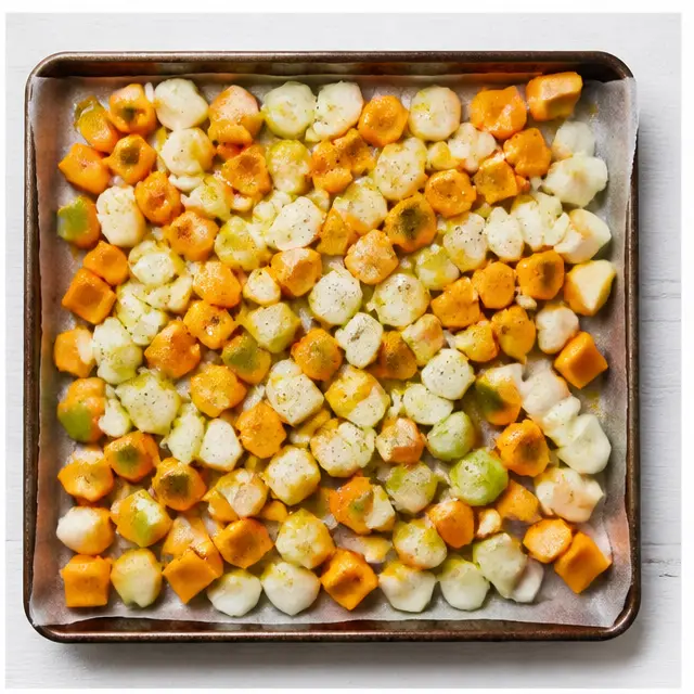 Step 2: Toss cubed butternut squash, Granny Smith apple and onion with olive oil and seasonings on a lined sheet pan.