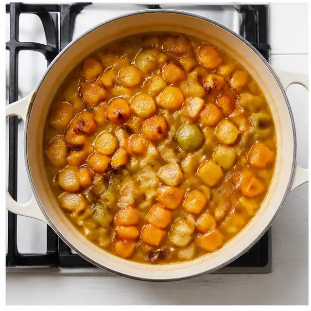 Step 3: Simmer the caramelized roasted vegetables in chicken broth until the flavors meld together.
