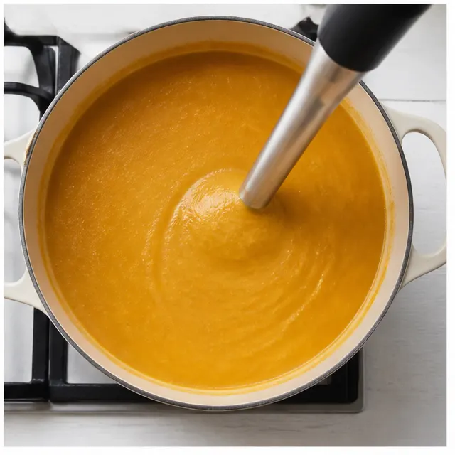 Step 4: Puree the soup with an immersion blender until silky smooth and velvety.