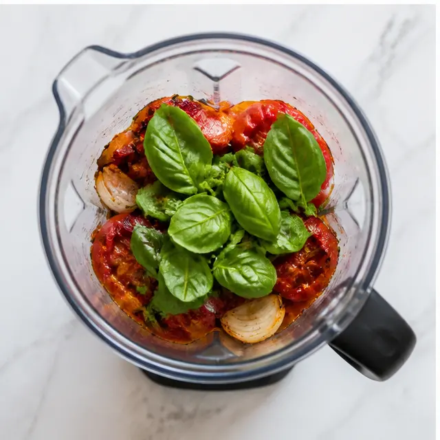 Step 3: Blending roasted vegetables with basil