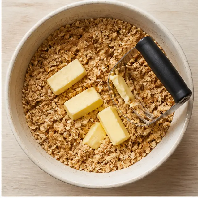 Cut softened butter into the oat streusel
