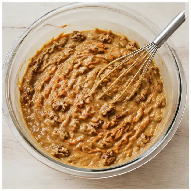 Whisk glossy spiced carrot cake batter with folded carrots and pecans
