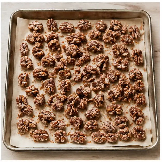 Toss candied pecans in cinnamon sugar on a parchment-lined tray