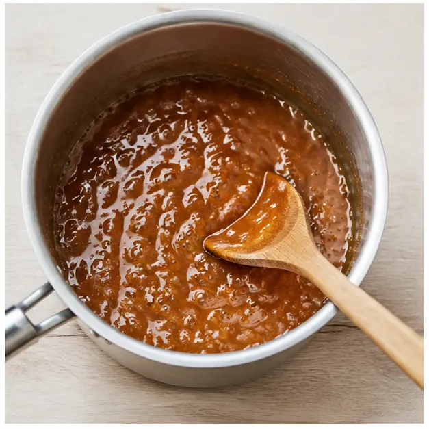 Simmer amber brown sugar caramel until thick and bubbling
