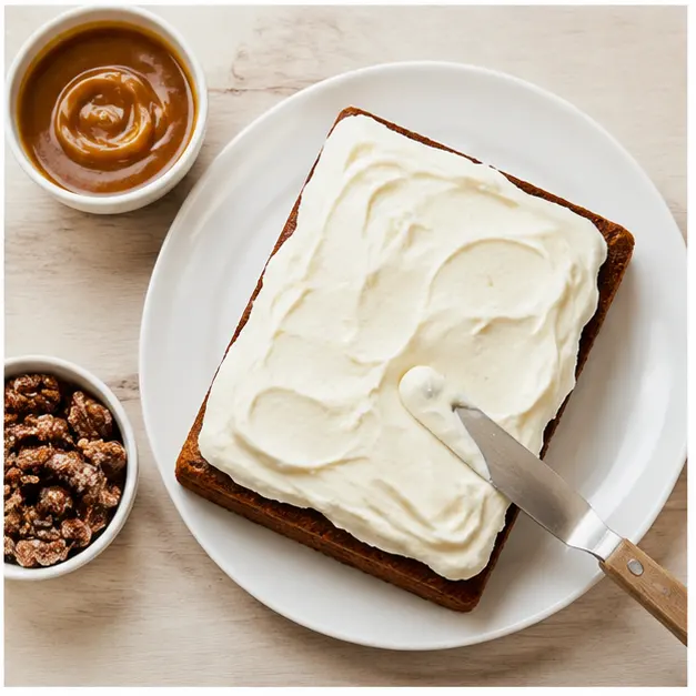 Spread cream cheese frosting over stacked cake layers with caramel and pecans