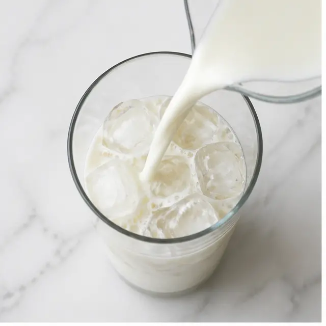 Step 1: Filling a tall clear glass with ice cubes and cold milk